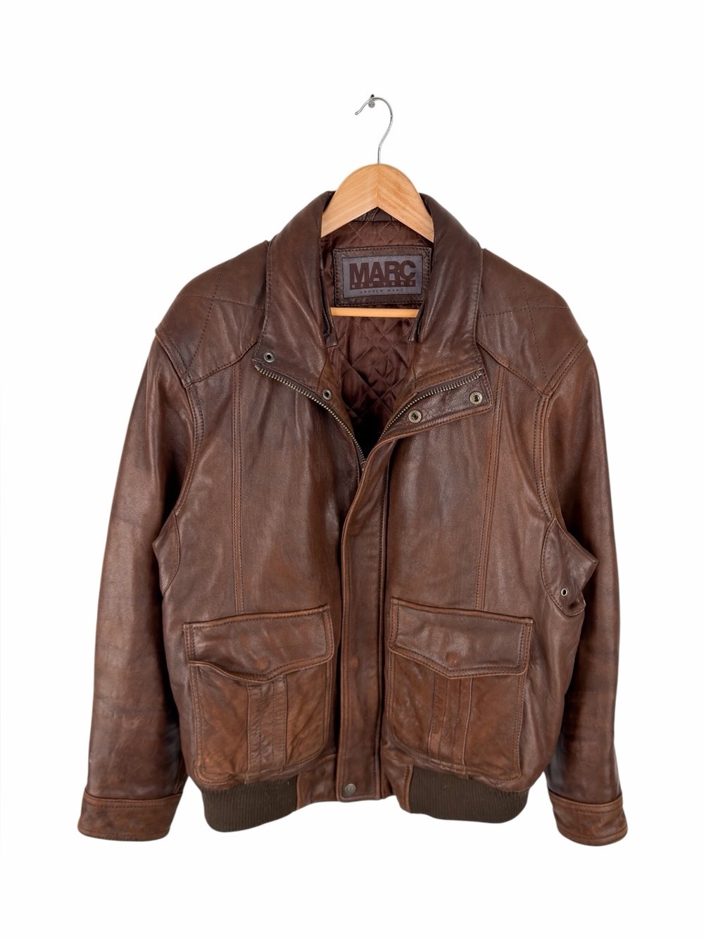 Marc New York Andrew Marc Men’s Large Brown Leather Bomber Pilot Aviator Jacket